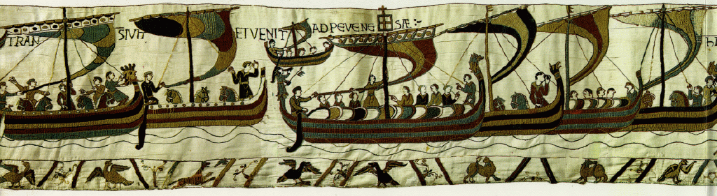 Kriegsschiffe Wilhelmd. Eroberers auf der Fahrt nach England im Jahr 1066. Ausschnitt aus dem Wndteppich v. Bayeux, Normandie